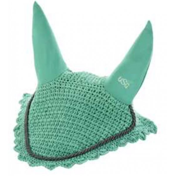 Fliegenhaube Ohrenhaube von USG aus Baumwollgewebe mit elastischem Ohrenschutz, grün, silberfarbige Zierkordel